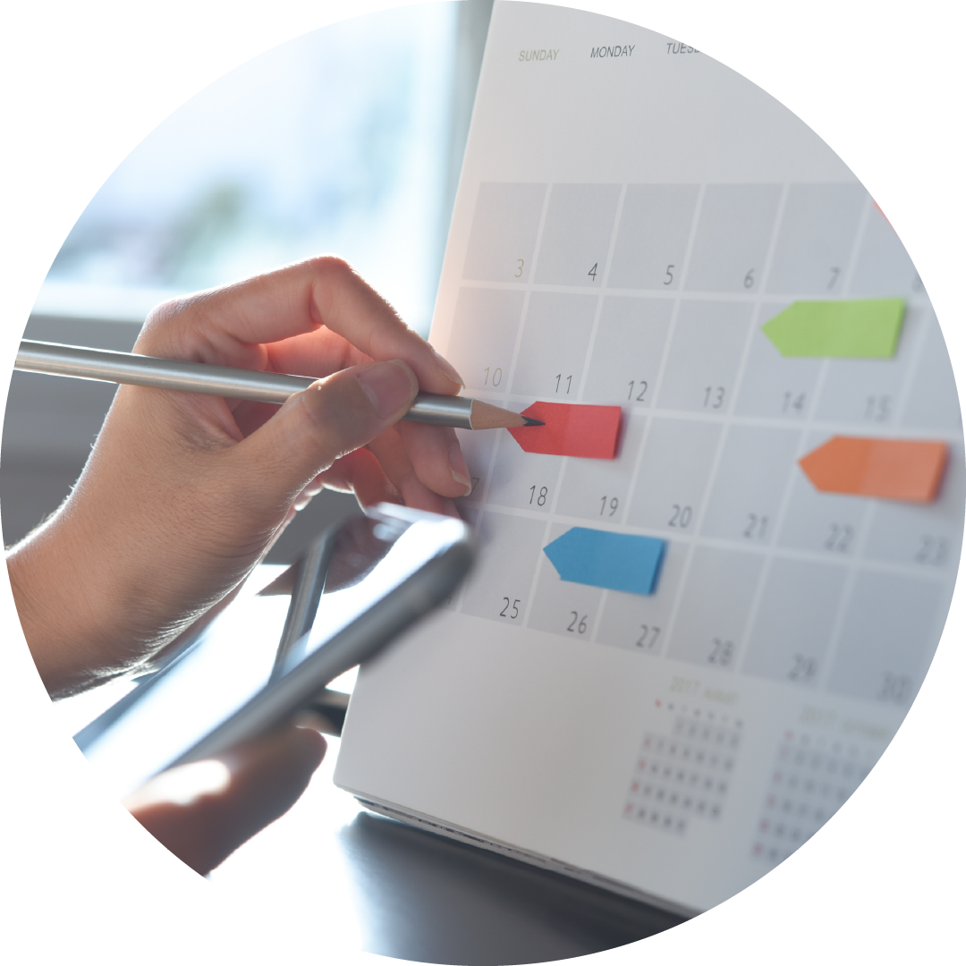 Hand holding a pen and pointing at calendar.